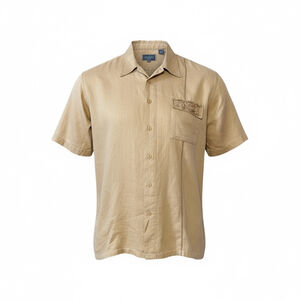 Vanetti Men's Short Sleeve Button Down Shirt, Beige Linen, Casual Style with Emb